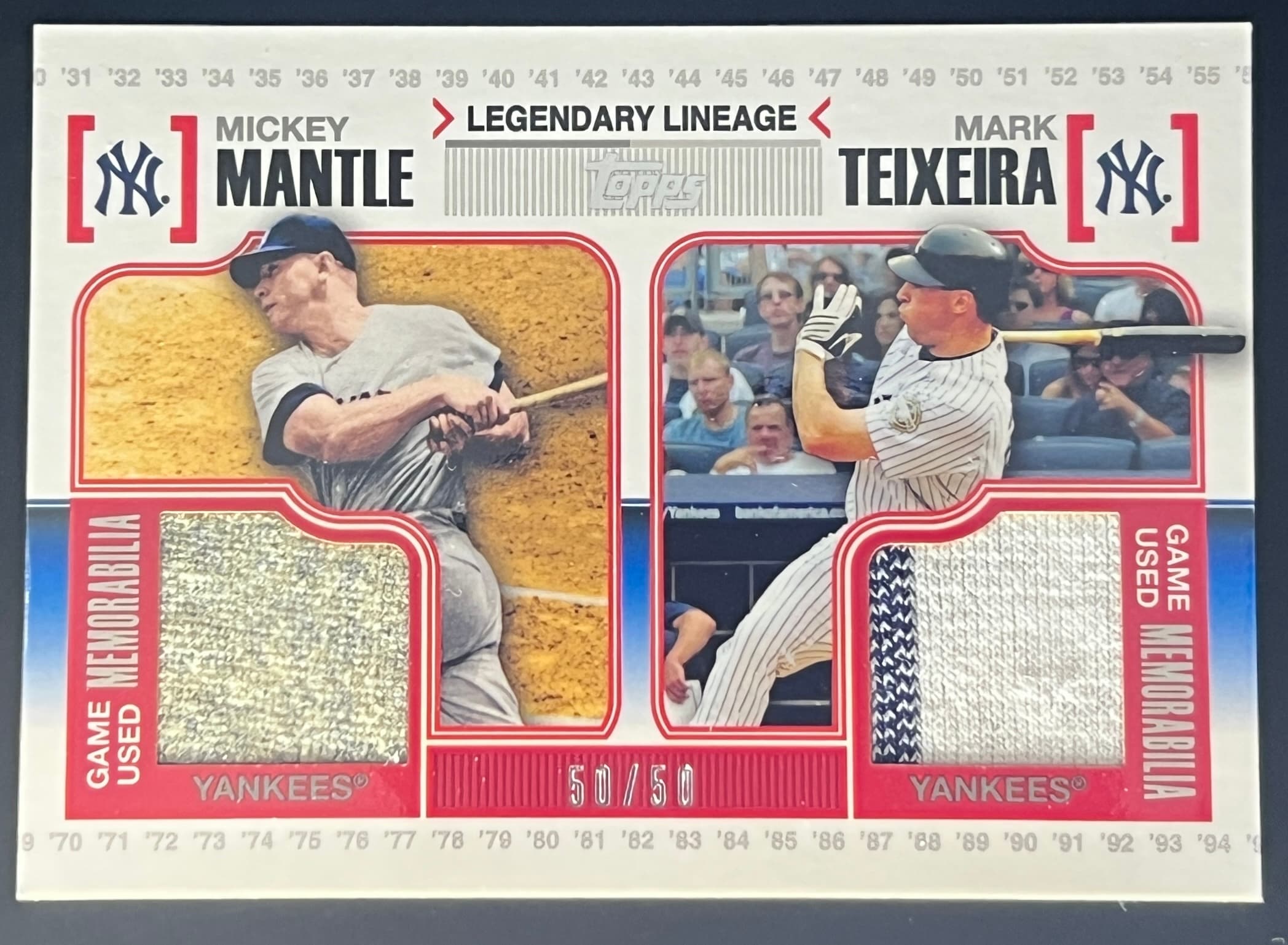 2010 Topps Legendary Lineage Mickey Mantle and Mark Teixeira Game Used Jersey 50/50