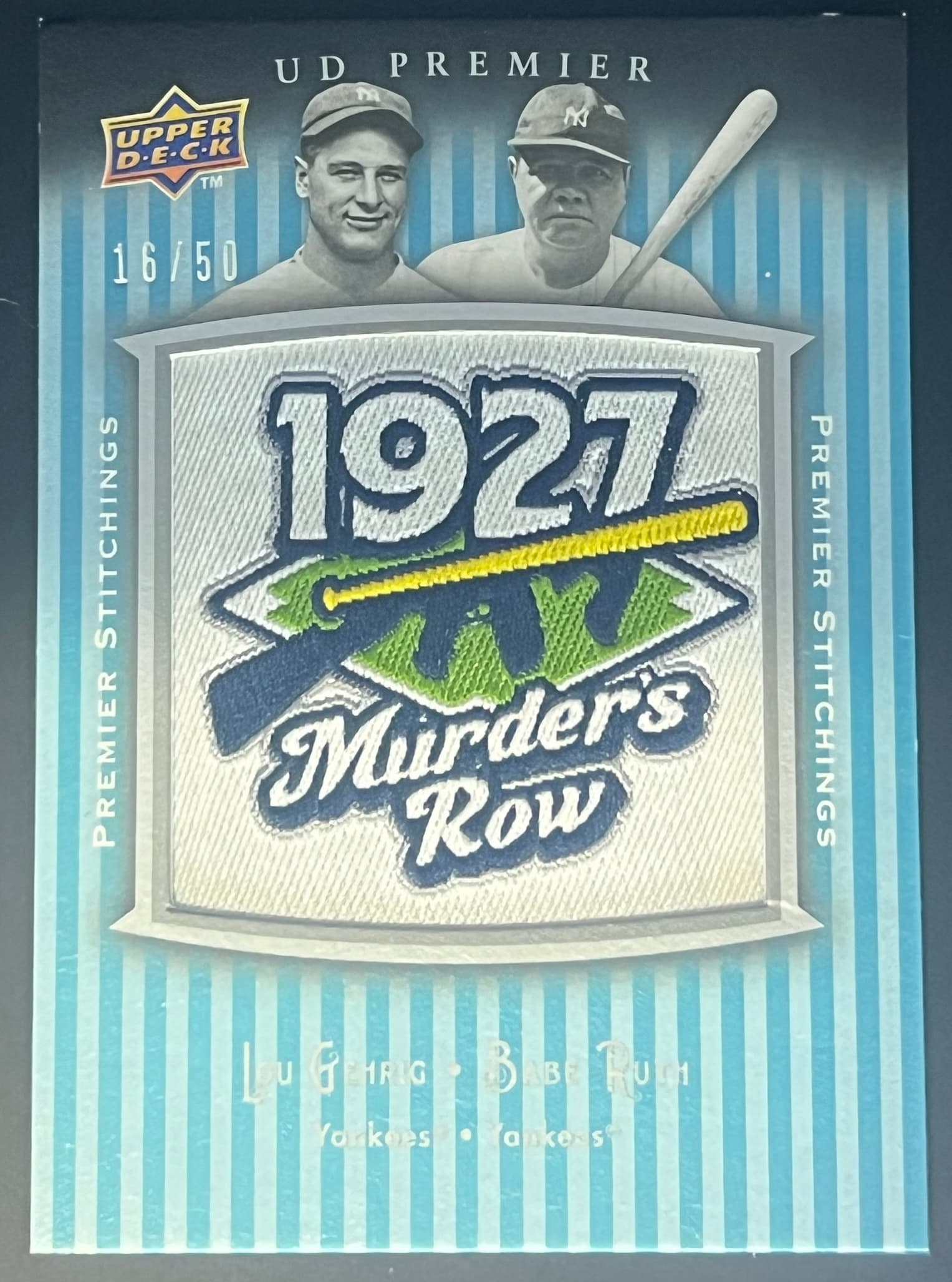 2008 Upper Deck Premier Lou Gehrig and Babe Ruth Stitchings 16/50.